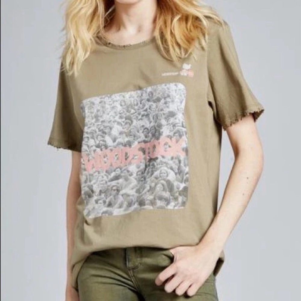 Recycled Karma Woodstock Graphic Short Sleeve Tee Olive Green Destroyed Small